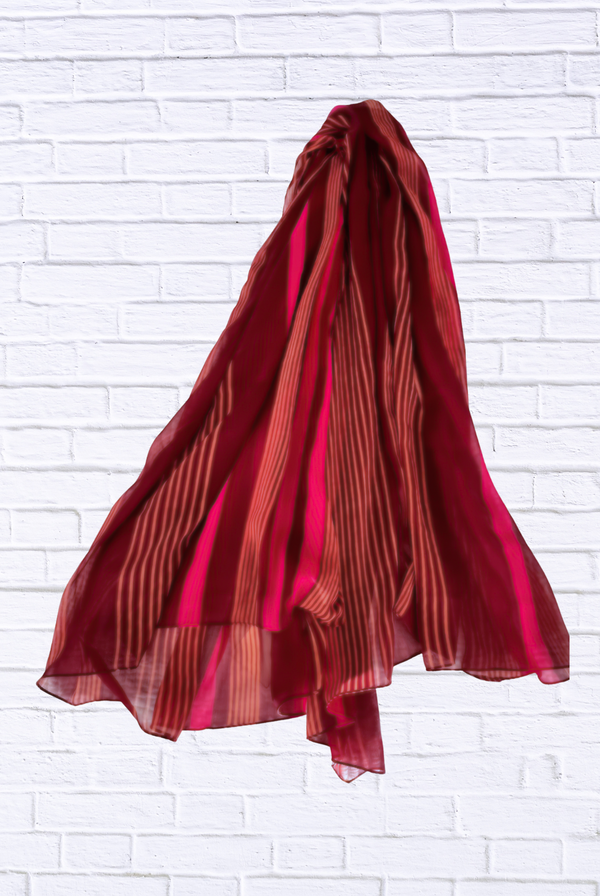 Chiffon Striped Scarf – Elegant Sheer Wrap in Deep Red & Fuchsi