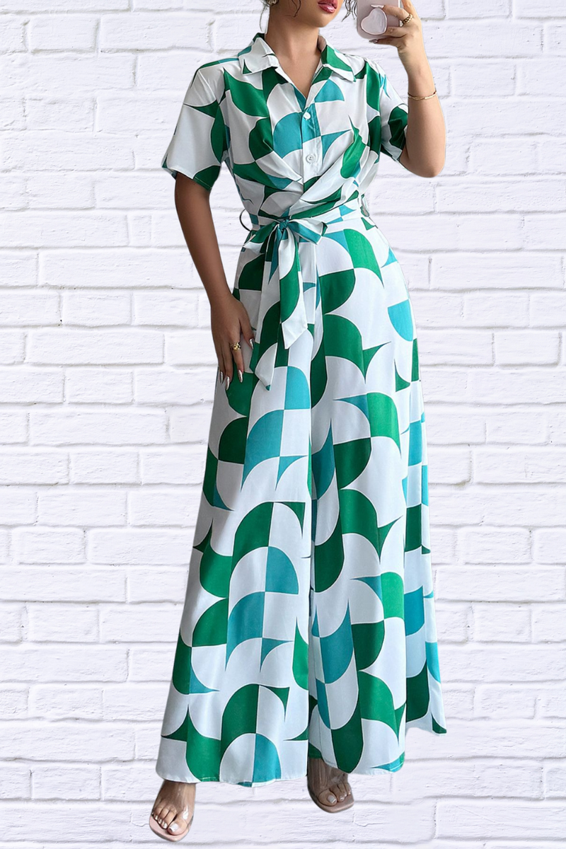 Geometric Print Belted Wide Leg Jumpsuit