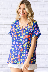 Multi Printed V-Neck Short Sleeve Blouse
