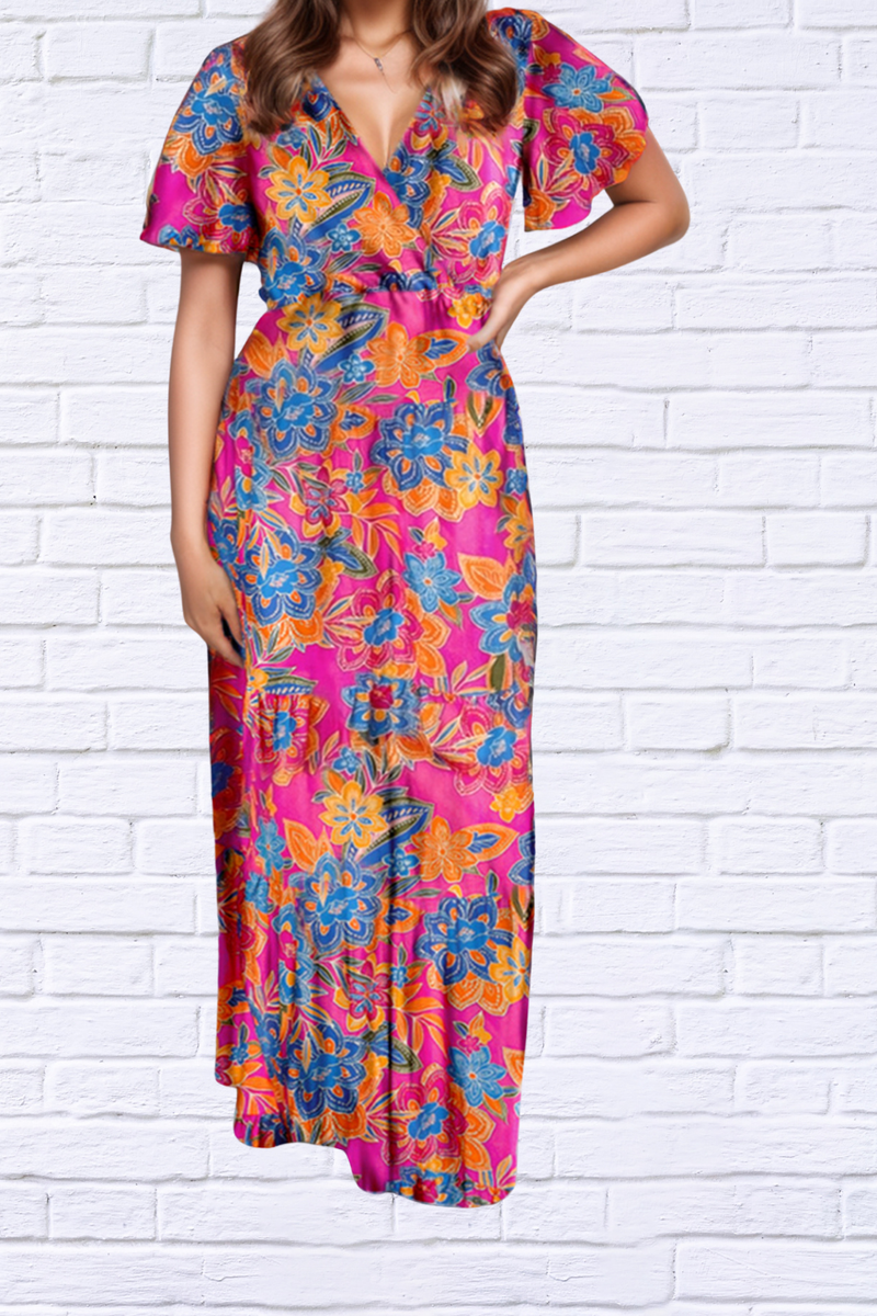 Multi Color Printed Surplice Short Sleeve Maxi Dress
