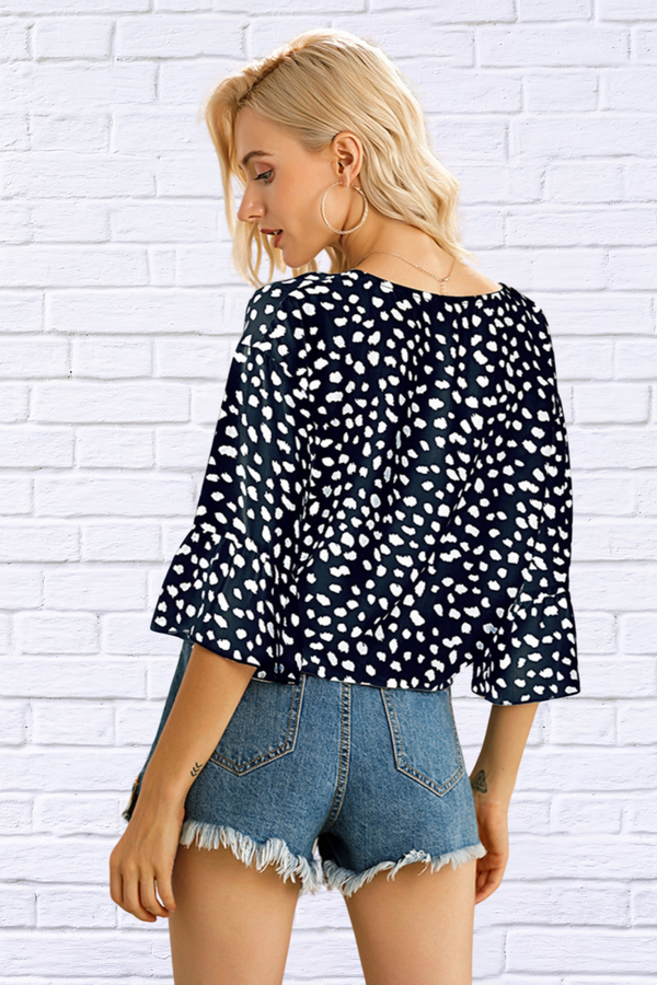 Tied Printed Button up V-Neck Blouse