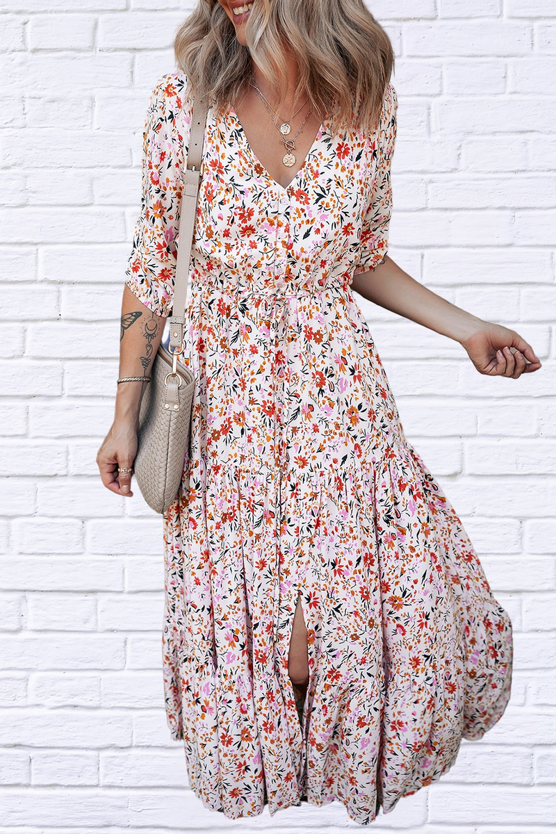 Boho Half Sleeve Floral V-Neck Maxi Dress – Free-Spirited Elegance for Every Occasion