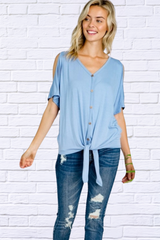 Demetria Cold Shoulder Button Down Tie Top - Plain Pink and Plain Light Blue