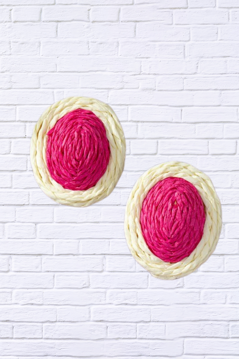 Raffia Straw Button Stud Earrings