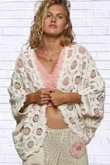 POL Openwork V-Neck Chenille Cardigan with Contrast Floral