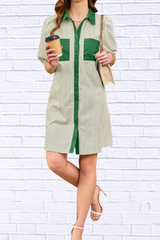 Stripe Color Block Patchwork Shirt Collar Button Down Puff Sleeve Mini Dress