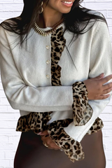 Leopard Trim Ruffle Cardigan – Buttoned Contrast Ruffle & Chic Stretch Fit