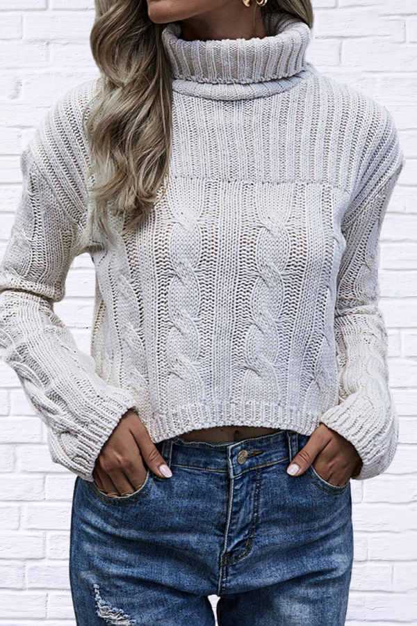 Heather Grey Cable-Knit Turtleneck Sweater