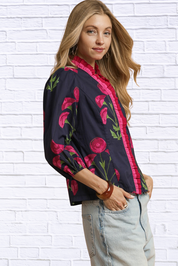 🌸 Floral Print Ruffle Trim Puff Sleeve Blouse
