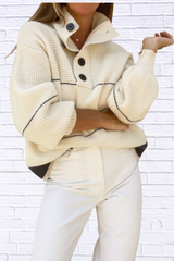 Waffle-Knit Half Button Long Sleeve Sweater