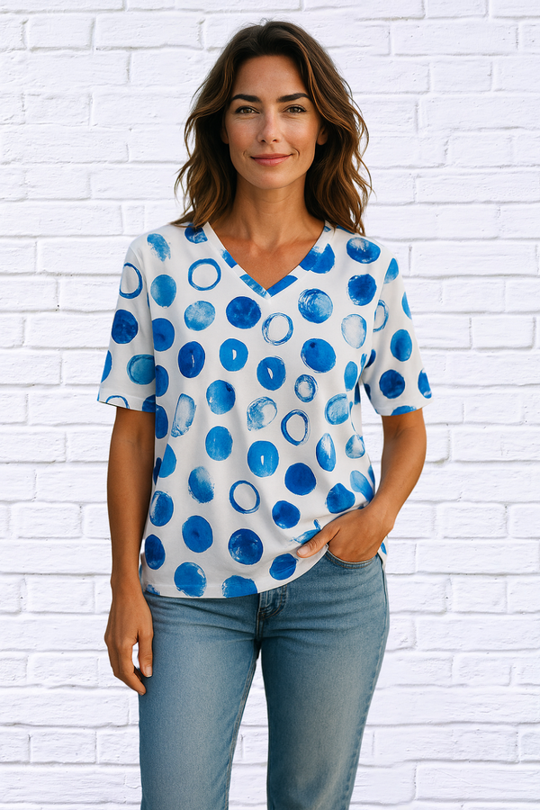 Women's  Polka Dot V-Neck Elbow Length Sleeve top