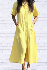 Button Front Short Sleeve Midi Dress