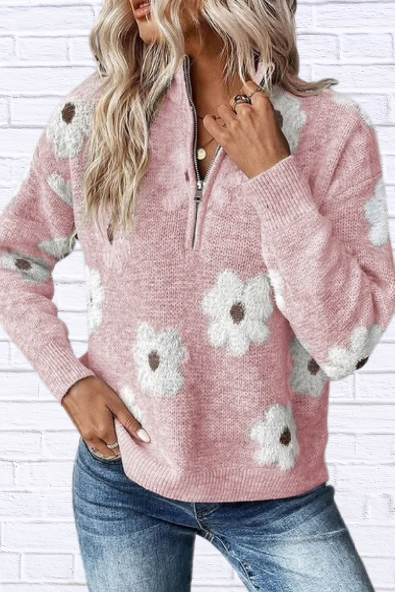Women Floral Pattern Zip Drop Shoulder Sweater