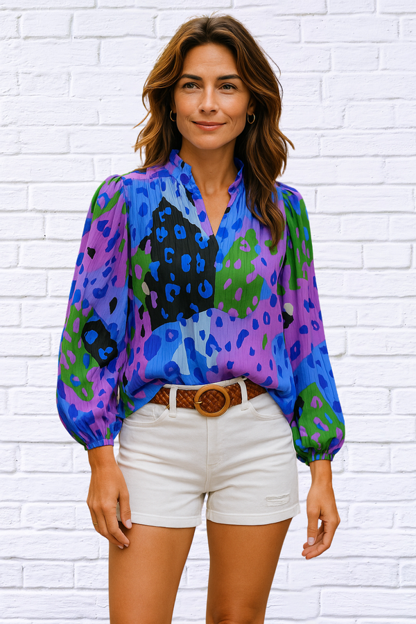 Printed Notched Long Sleeve Blouse