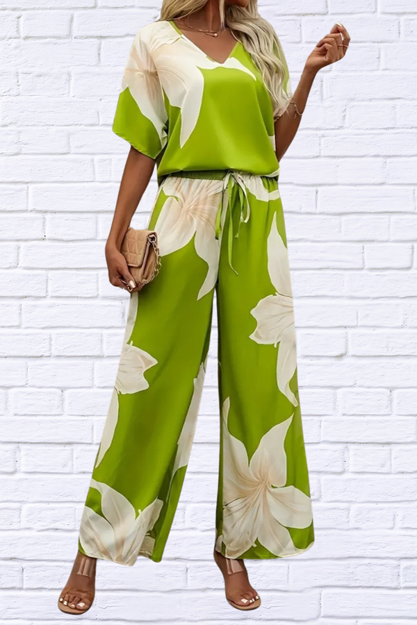 Printed V-Neck Top and Wide Leg Pants Set