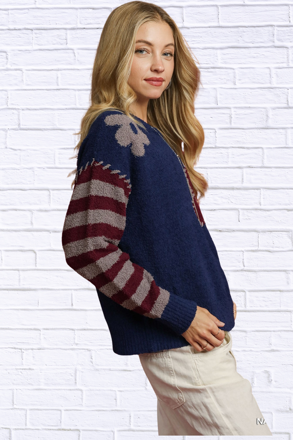 Flower Jacquard Striped Long Sleeve Sweater