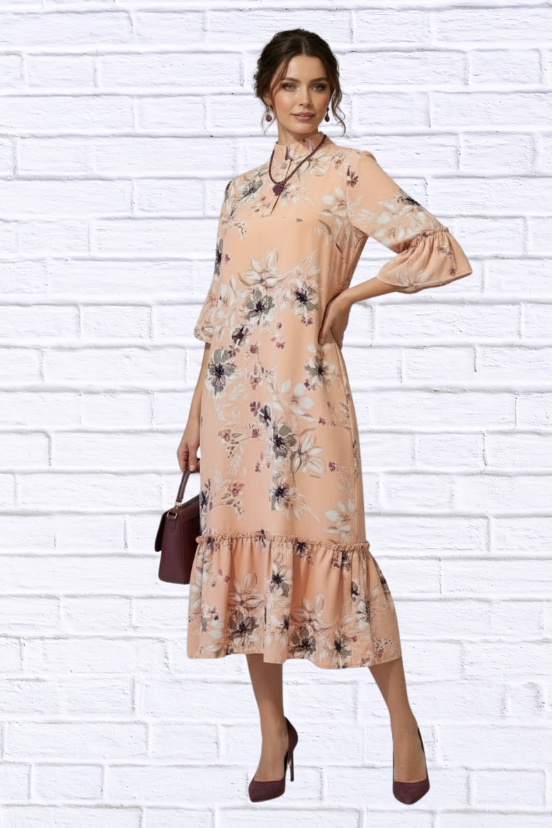 ruffle hem midi dress Floral Ruffle Hem Midi Dress In Soft Melon With A Touch Of Plum