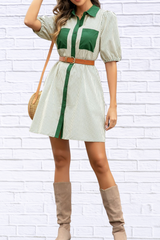 Stripe Color Block Patchwork Shirt Collar Button Down Puff Sleeve Mini Dress