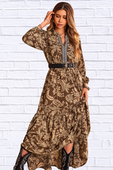 Taupe Ruched Printed Notched Long Sleeve Maxi Dress