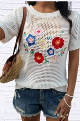 Floral Embroidered Crochet Knit Top