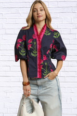 🌸 Floral Print Ruffle Trim Puff Sleeve Blouse