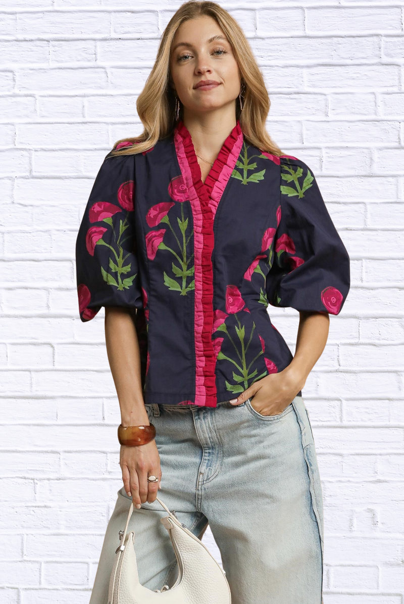 🌸 Floral Print Ruffle Trim Puff Sleeve Blouse