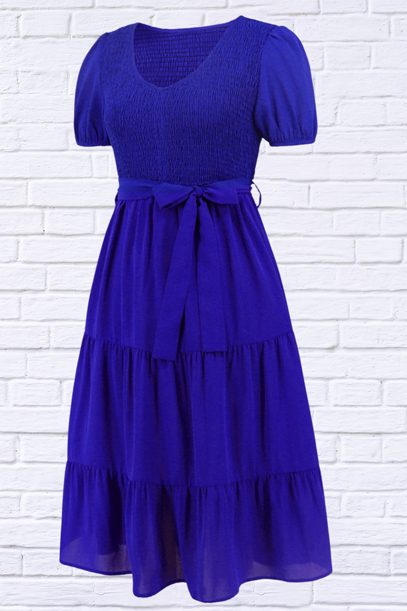 Smocked Tie Front Short Sleeve Tiered Dress