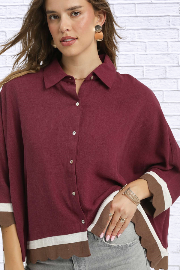 Burgundy Colorblock Button-Down Shirt with Scallop Hem