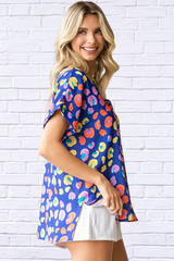 Multi Printed V-Neck Short Sleeve Blouse