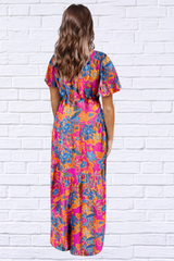 Multi Color Printed Surplice Short Sleeve Maxi Dress