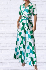 Geometric Print Belted Wide Leg Jumpsuit