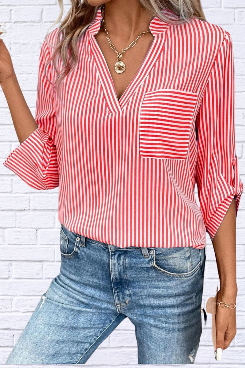 Striped Notched Roll-Tab Sleeve Shirt