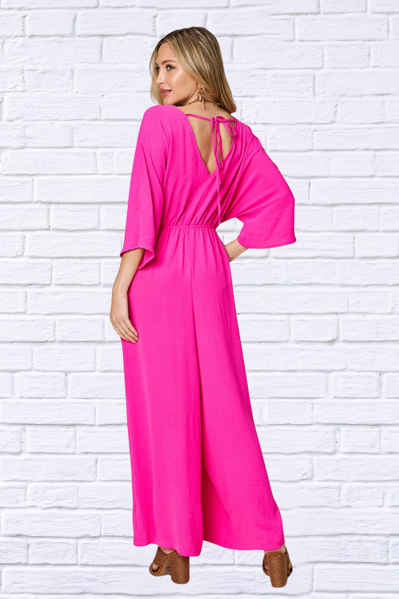 Double Take Full Size Surplice Wide Leg Jumpsuit with Pockets