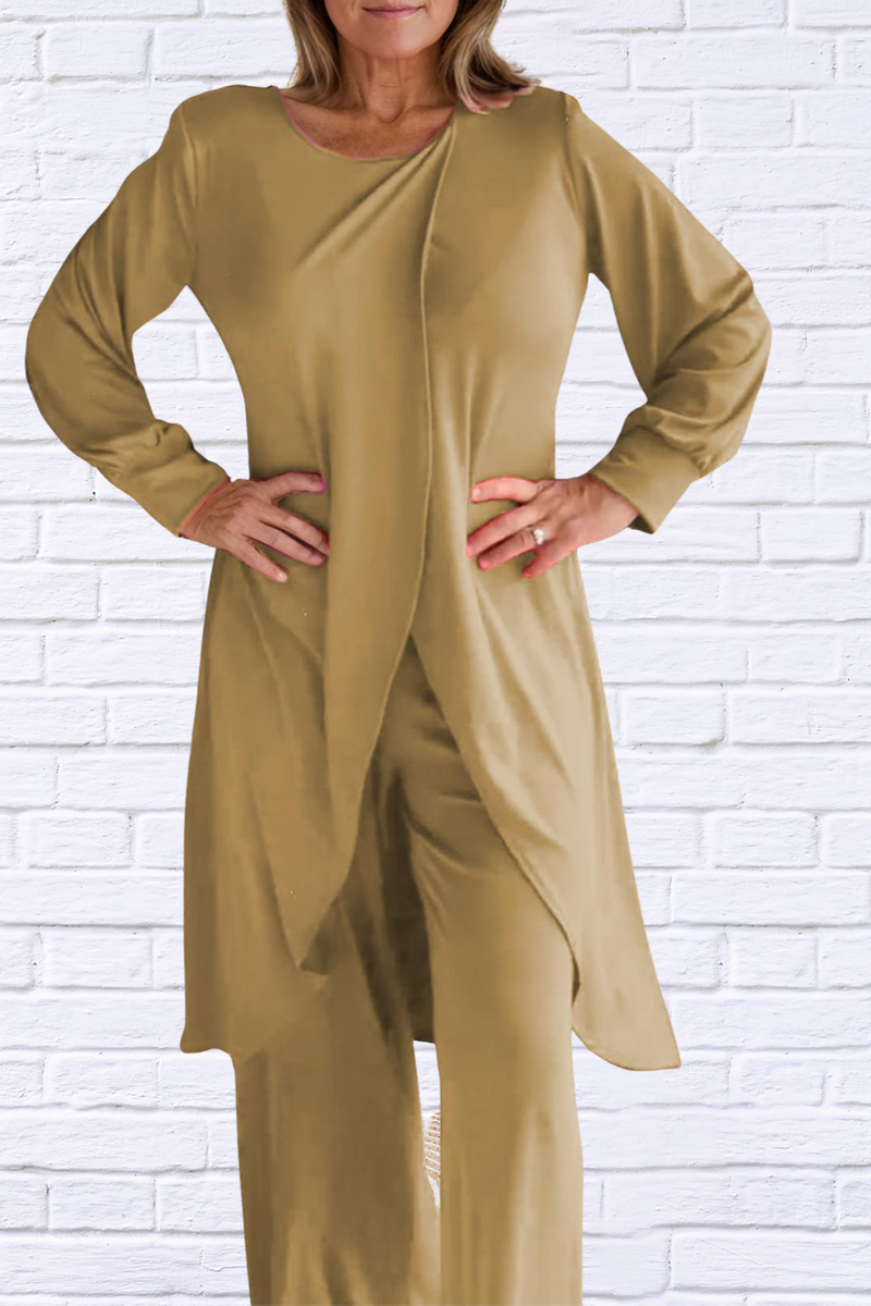 Full Size Slit Round Neck Long Sleeve Top and Pants Set