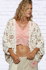 POL Openwork V-Neck Chenille Cardigan with Contrast Floral