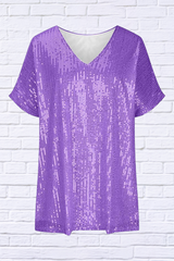 Full Size Sequin V-Neck Short Sleeve Top