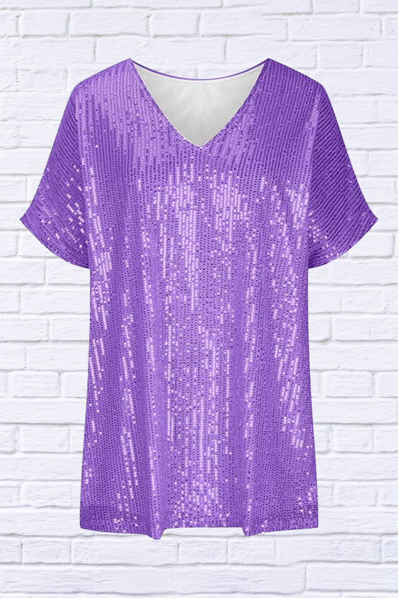 Full Size Sequin V-Neck Short Sleeve Top