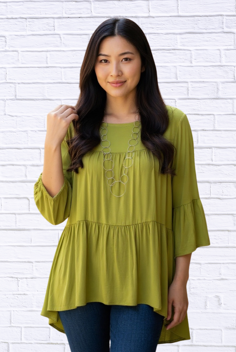 Round Neck Woven Gauged Trapeze Shirt High Low