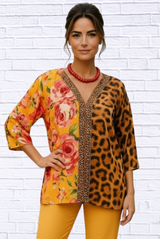 Demi Chiffon Combo Animal and Floral Blouse - Tangerine