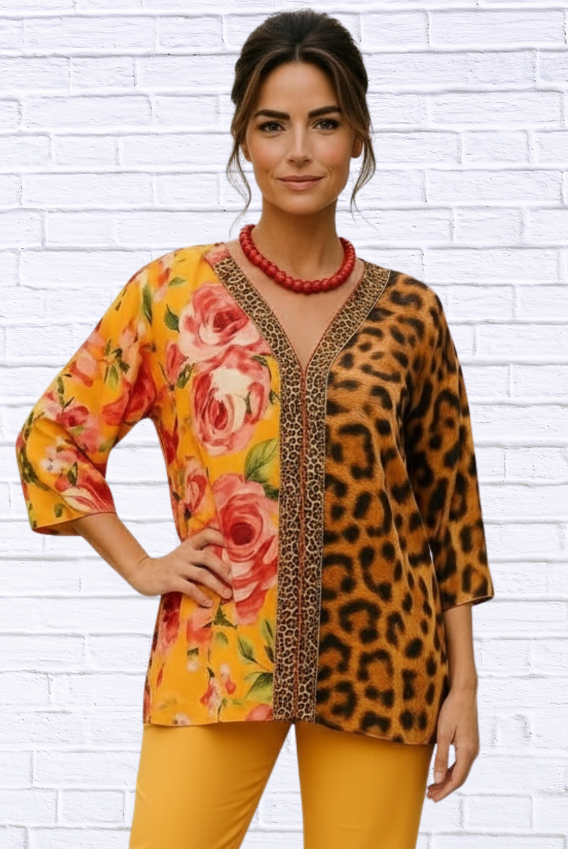 Demi Chiffon Combo Animal and Floral Blouse - Tangerine