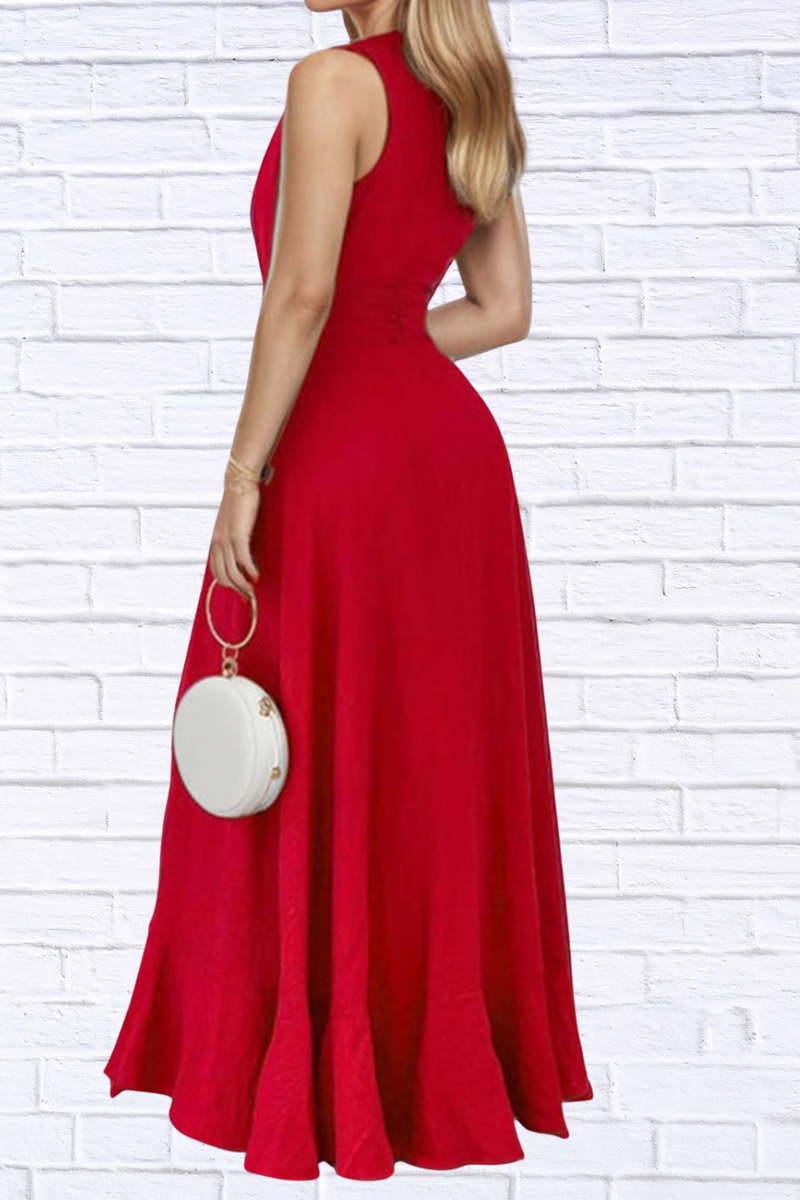red flowy dress plus size Final Sale Plus Size Long Sleeve Gown with V-Neck in Red