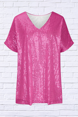 Full Size Sequin V-Neck Short Sleeve Top