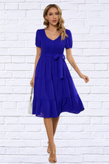 Smocked Tie Front Short Sleeve Tiered Dress