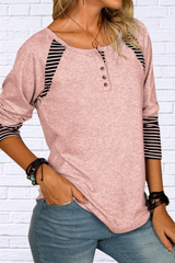 Full Size Striped Quarter Button Long Sleeve T-Shirt