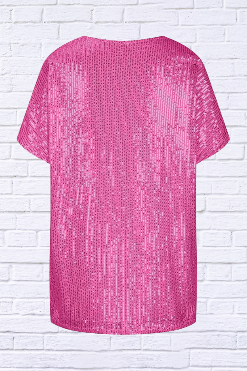 Full Size Sequin V-Neck Short Sleeve Top