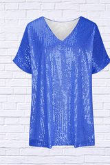 Full Size Sequin V-Neck Short Sleeve Top
