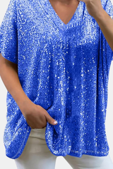 Full Size Sequin V-Neck Short Sleeve Top