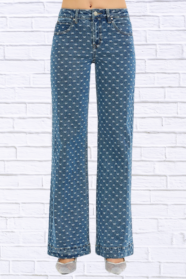 RISEN High Rise Wide Leg Bow Embroidered Jeans
