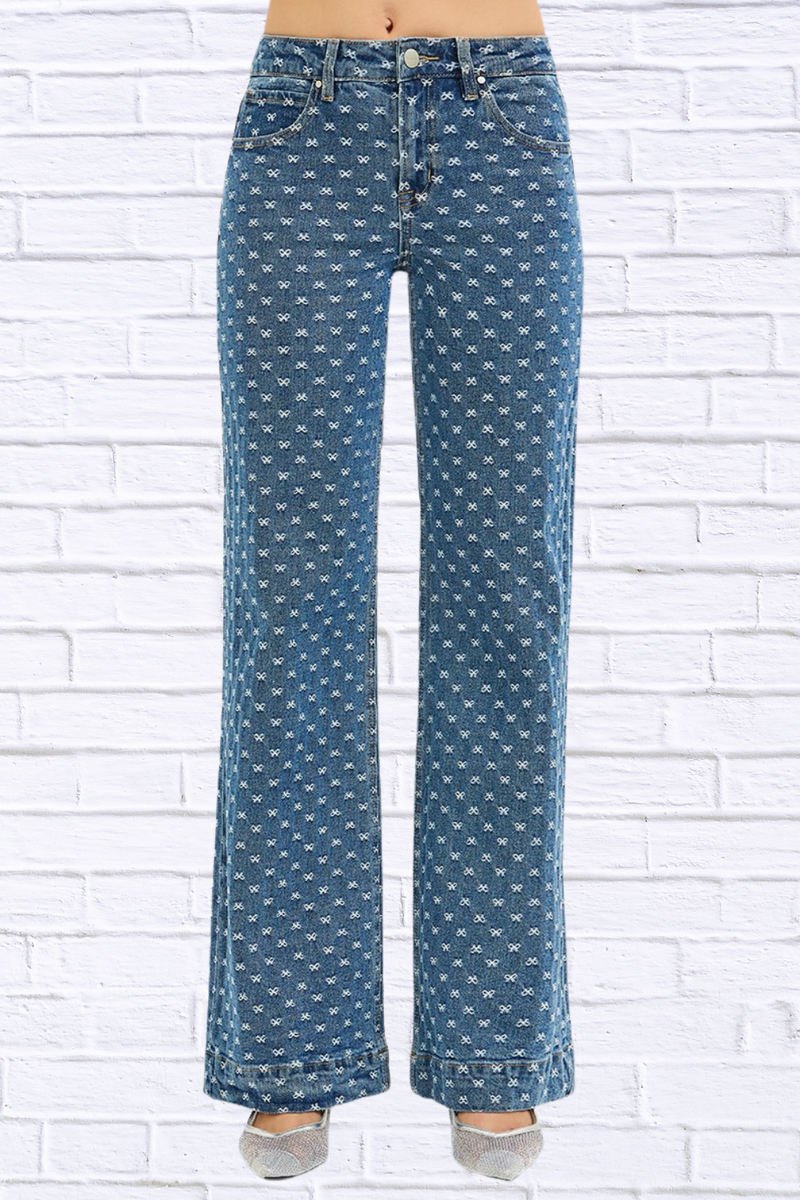 RISEN High Rise Wide Leg Bow Embroidered Jeans