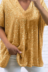 Full Size Sequin V-Neck Short Sleeve Top